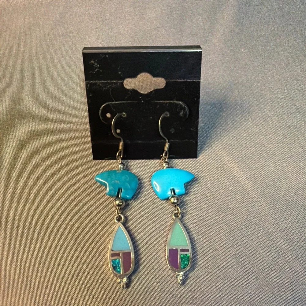 Southwestern Turquoise Bear Fetish Geometric Inlay Teardrop Dangle Earrings